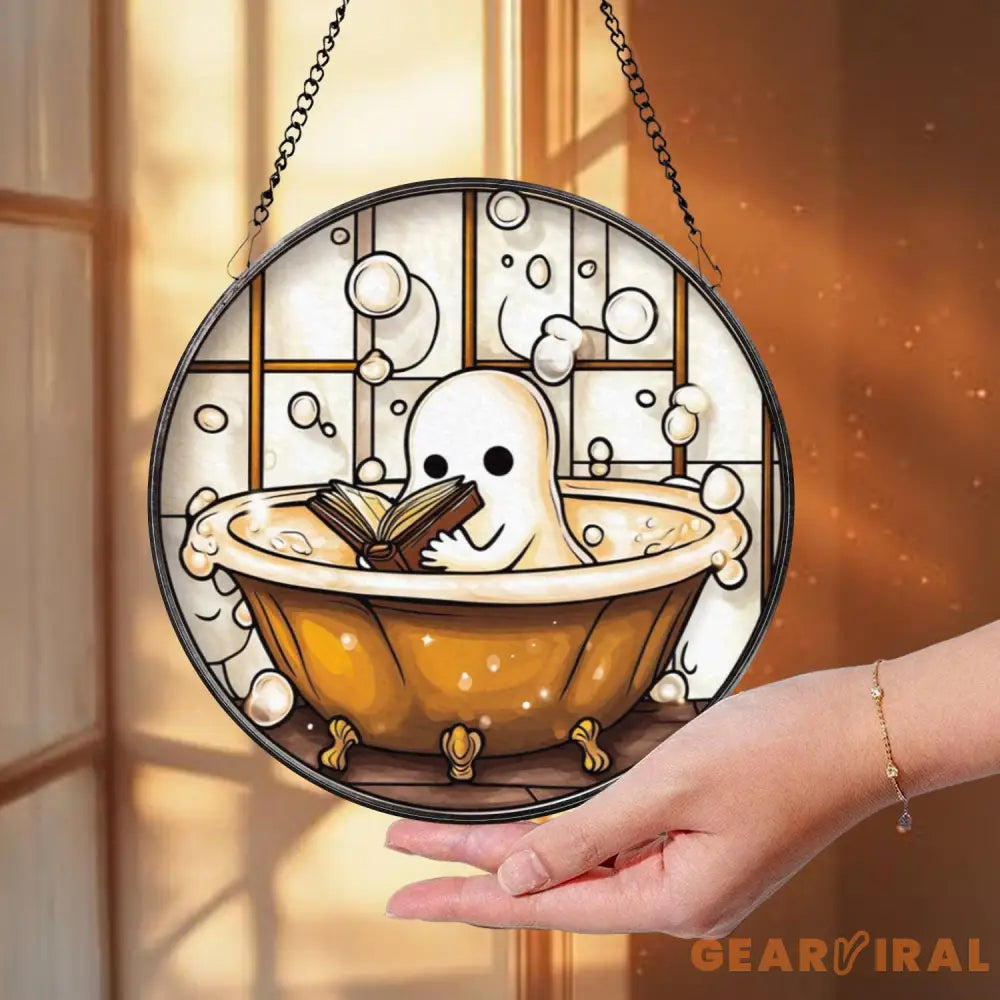 Cute Ghost in Bathtub Stained Glass Suncatcher Book Lover Window Decor Funny Ghost Bathroom Panel Spooky Reading