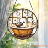 Cute Ghost in Bathtub Stained Glass Suncatcher Book Lover Window Decor Funny Ghost Bathroom Panel Spooky Reading