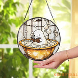 Cute Ghost in Bathtub Stained Glass Suncatcher Funny Book Lover Window Panel Round Whimsical Glass Art Quirky Gift for