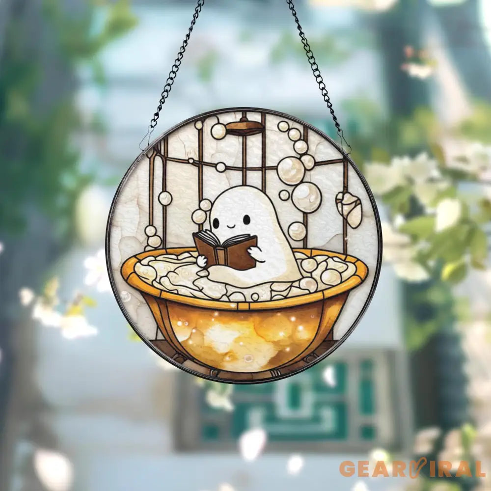 Cute Ghost in Bathtub Stained Glass Suncatcher Funny Book Lover Window Panel Round Whimsical Glass Art Quirky Gift for