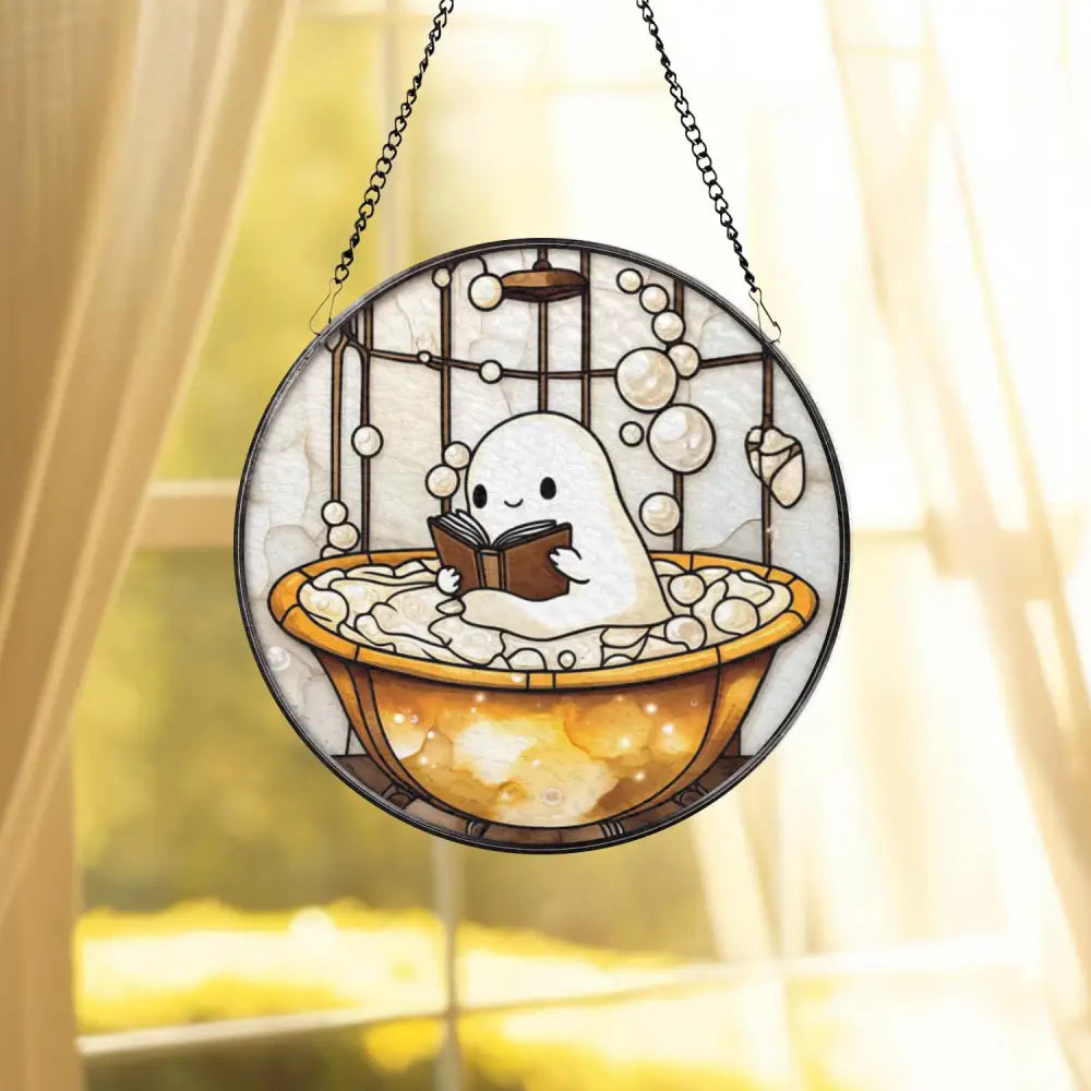 Cute Ghost in Bathtub Stained Glass Suncatcher Funny Book Lover Window Panel Round Whimsical Glass Art Quirky Gift for