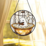 Cute Ghost in Bathtub Stained Glass Suncatcher Funny Book Lover Window Panel Round Whimsical Glass Art Quirky Gift for