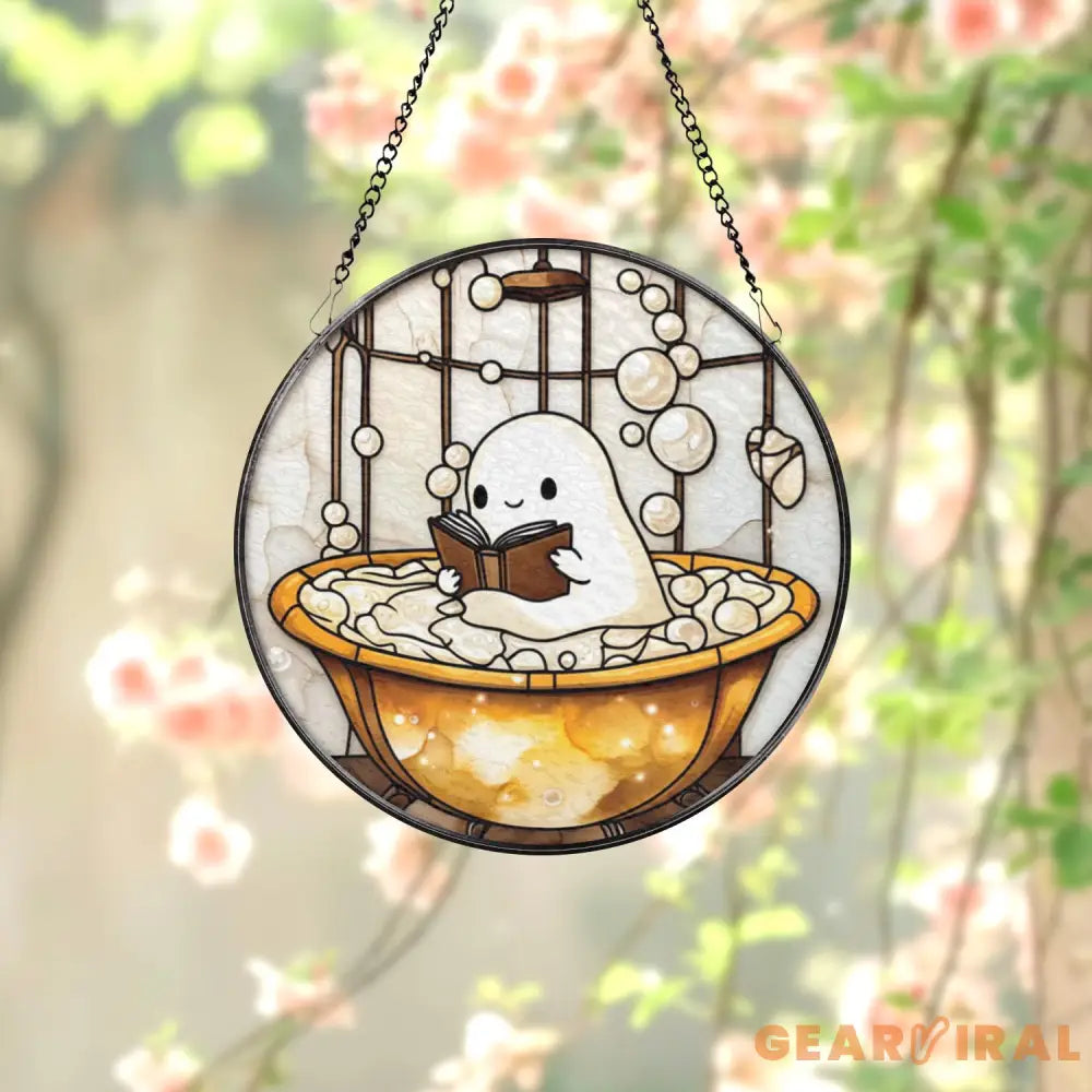 Cute Ghost in Bathtub Stained Glass Suncatcher Funny Book Lover Window Panel Round Whimsical Glass Art Quirky Gift for