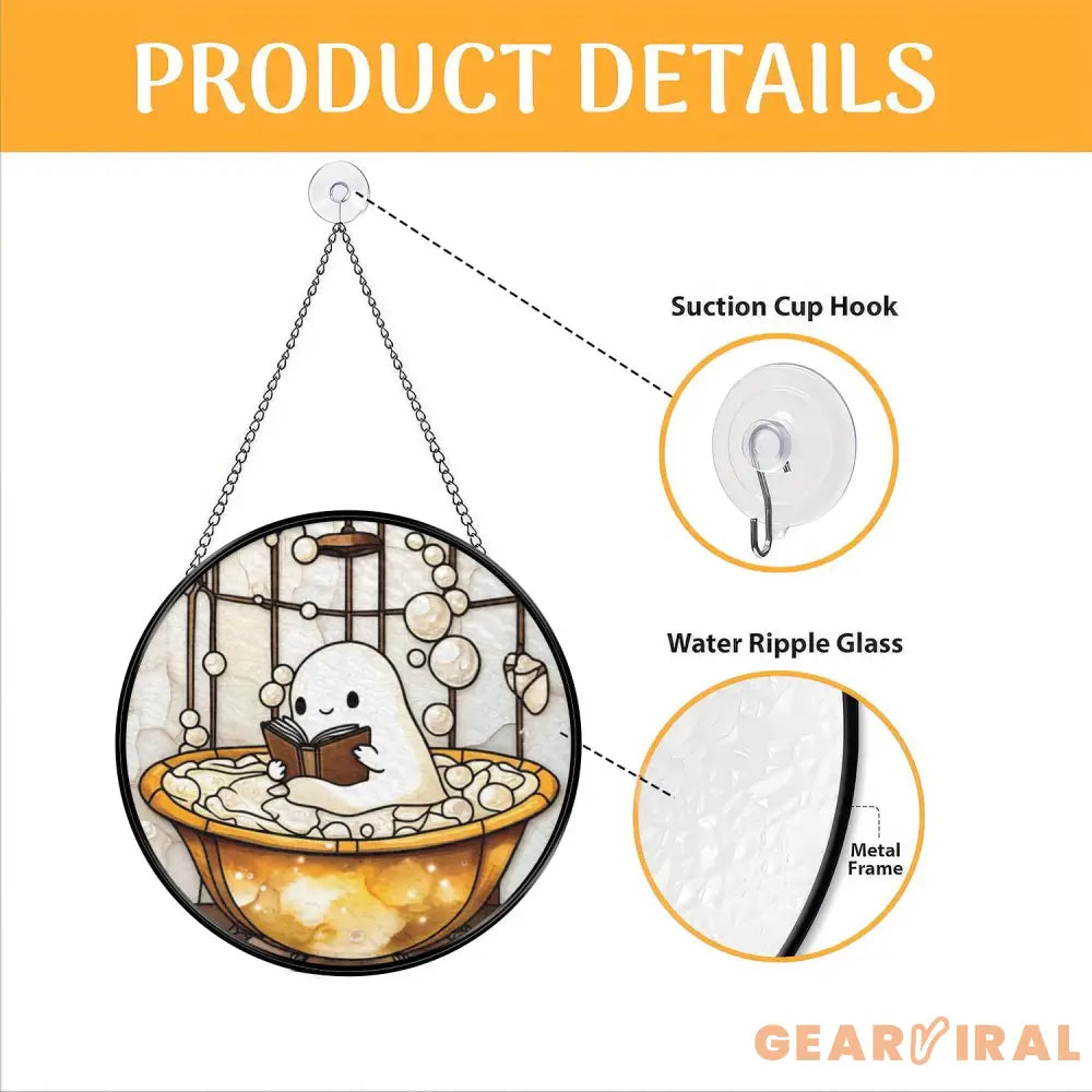 Cute Ghost in Bathtub Stained Glass Suncatcher Funny Book Lover Window Panel Round Whimsical Glass Art Quirky Gift for