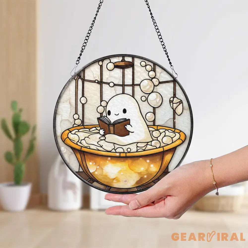 Cute Ghost in Bathtub Stained Glass Suncatcher Funny Book Lover Window Panel Round Whimsical Glass Art Quirky Gift for