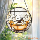 Cute Ghost in Bathtub Stained Glass Suncatcher Funny Reading Ghost Bathroom Decor Book Lover Window Panel Spooky Cute