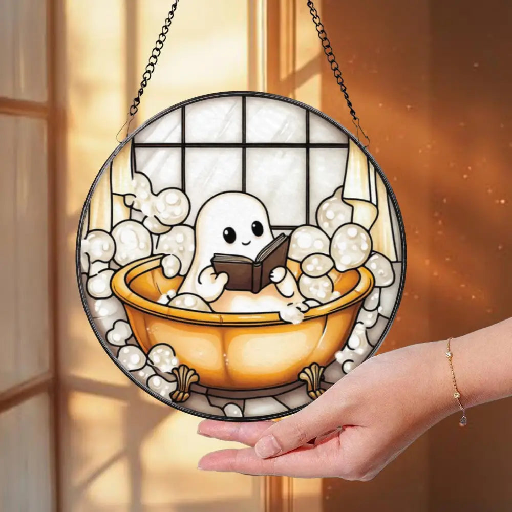 Cute Ghost in Bathtub Stained Glass Suncatcher Funny Reading Ghost Bathroom Decor Book Lover Window Panel Spooky Cute