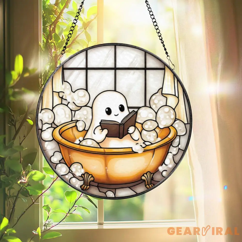 Cute Ghost in Bathtub Stained Glass Suncatcher Funny Reading Ghost Bathroom Decor Book Lover Window Panel Spooky Cute