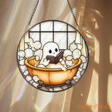 Cute Ghost in Bathtub Stained Glass Suncatcher Funny Reading Ghost Bathroom Decor Book Lover Window Panel Spooky Cute