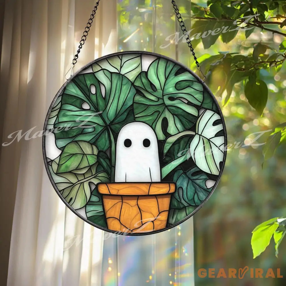 Cute Ghost in Plant Pot Suncatcher Monstera Leaf Stained Glass Panel Funny Window Hanging Kawaii Ghost Decor Plant