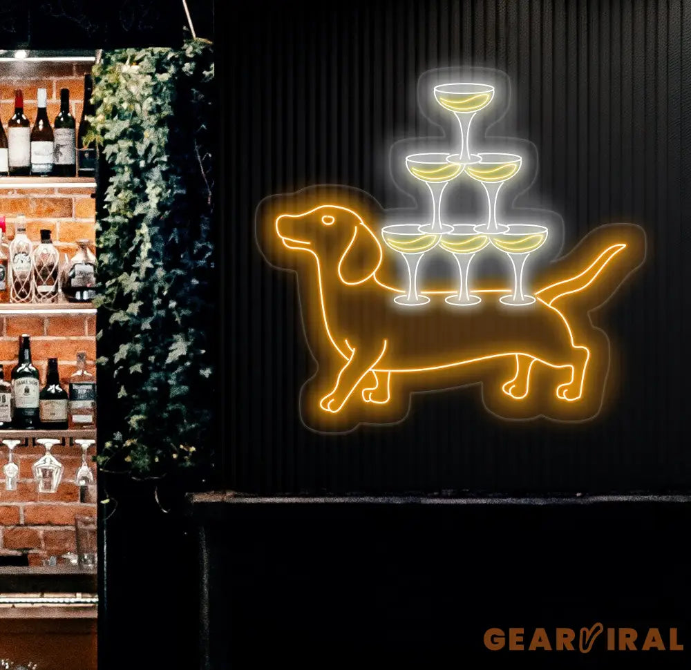 Dachshund Carrying Champagne Glasses Neon Sign Dachshund Led Sign Wine Neon Light Champagne Light Bar Pub Wall Art Home