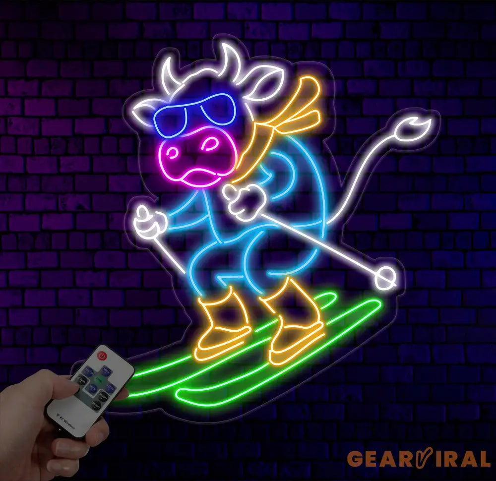 Dairy Cow Skiing Neon Sign Cow Led Sign Cow Skiing Sport Neon Light Cow Led Light Animal Farm House Wall Art Animal