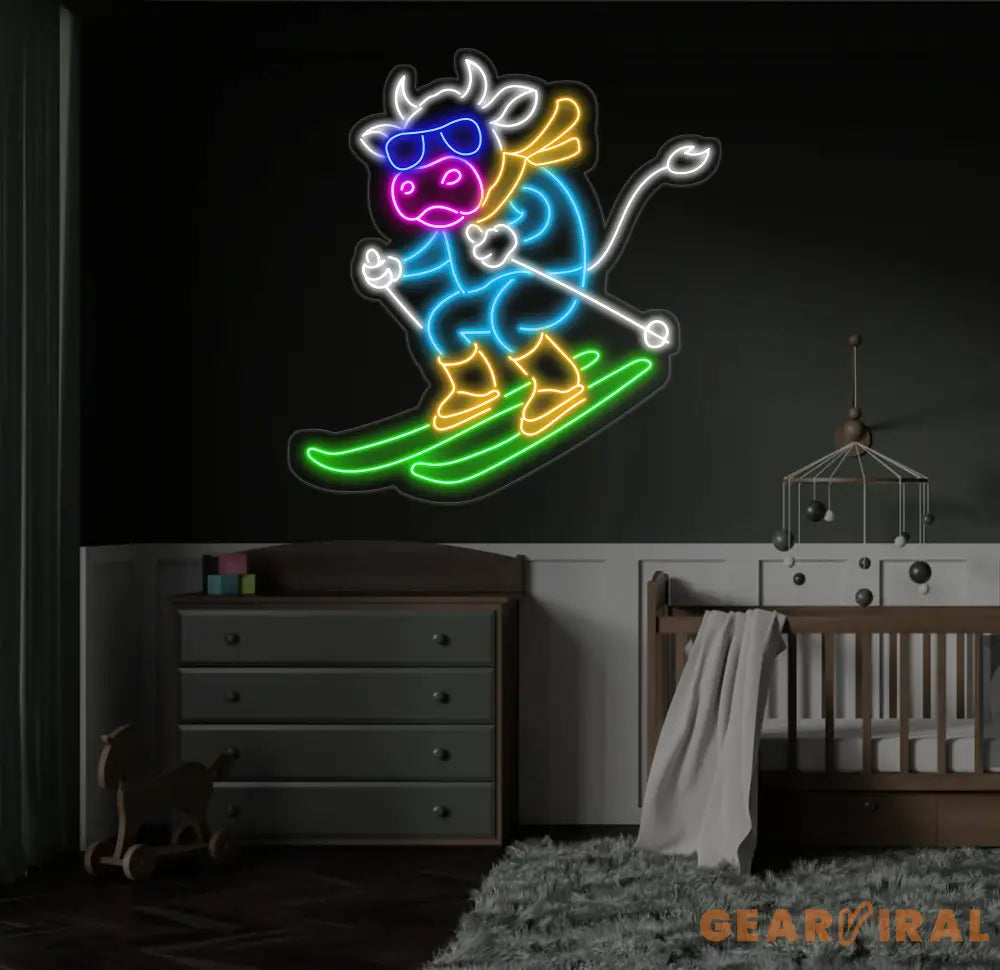 Dairy Cow Skiing Neon Sign Cow Led Sign Cow Skiing Sport Neon Light Cow Led Light Animal Farm House Wall Art Animal