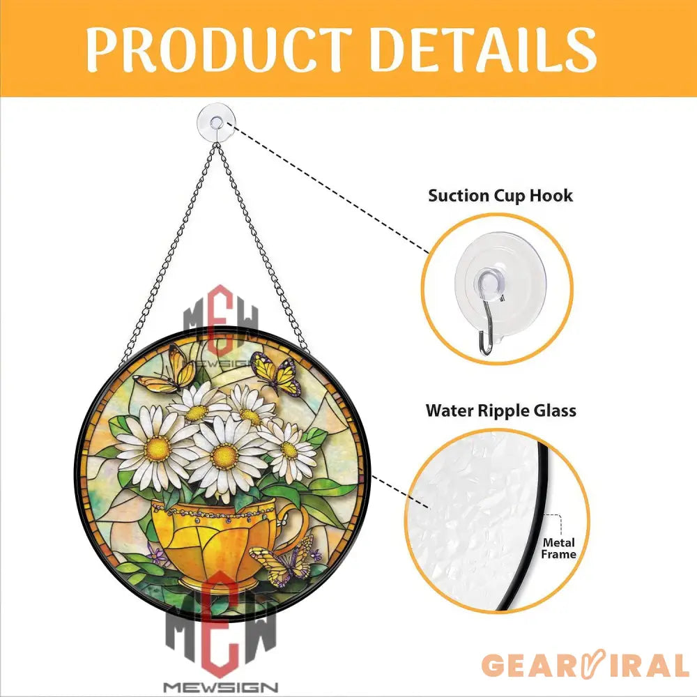 Daisy and Butterfly Stained Glass Suncatcher Yellow Teacup Window Hanging Panel Cheerful Floral Decor for Garden Porch