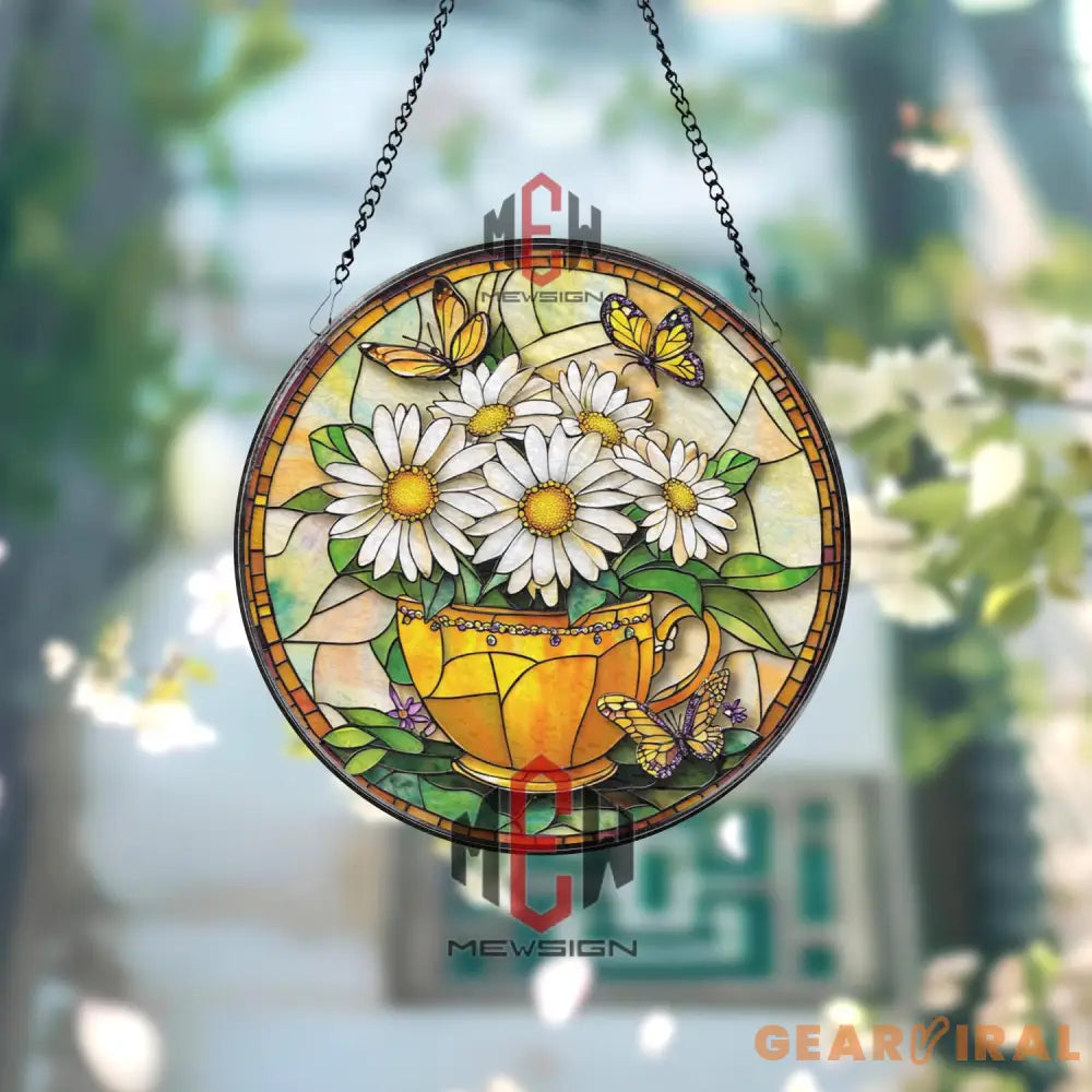 Daisy and Butterfly Stained Glass Suncatcher Yellow Teacup Window Hanging Panel Cheerful Floral Decor for Garden Porch