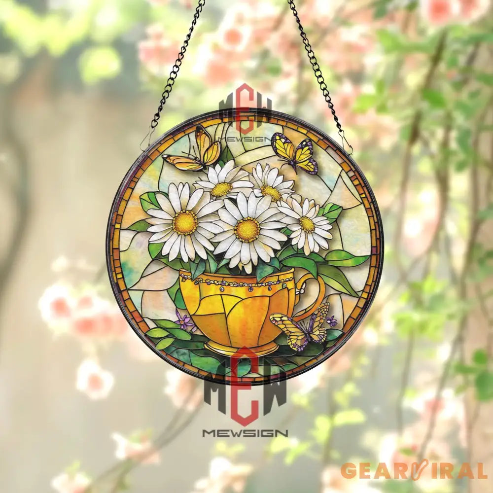 Daisy and Butterfly Stained Glass Suncatcher Yellow Teacup Window Hanging Panel Cheerful Floral Decor for Garden Porch