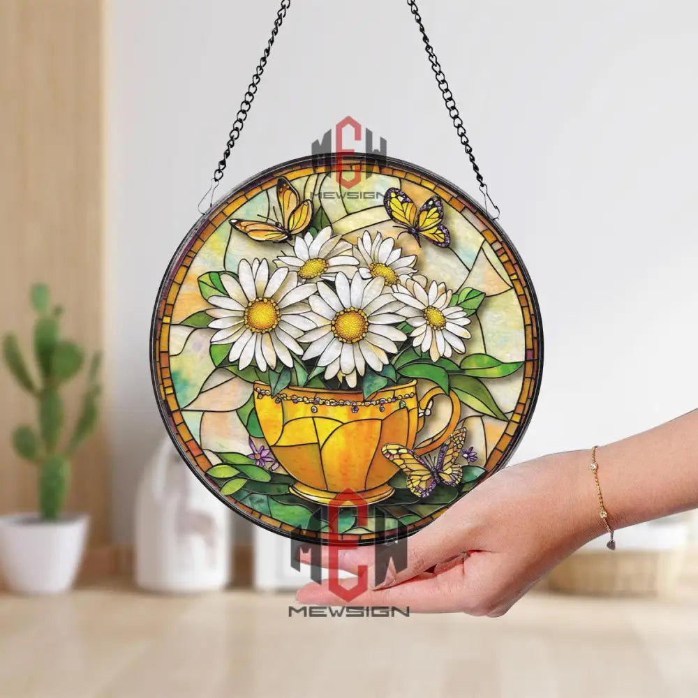 Daisy and Butterfly Stained Glass Suncatcher Yellow Teacup Window Hanging Panel Cheerful Floral Decor for Garden Porch