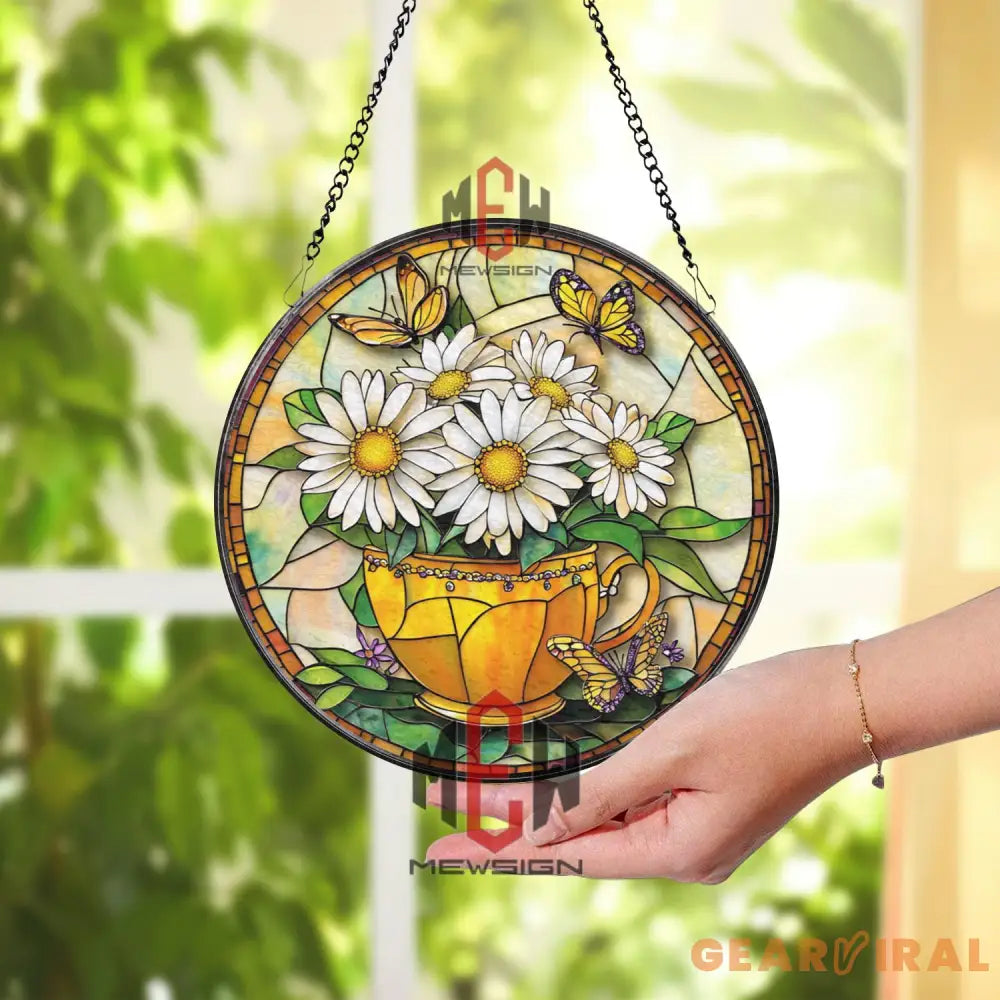 Daisy and Butterfly Stained Glass Suncatcher Yellow Teacup Window Hanging Panel Cheerful Floral Decor for Garden Porch