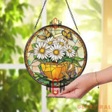 Daisy and Butterfly Stained Glass Suncatcher Yellow Teacup Window Hanging Panel Cheerful Floral Decor for Garden Porch