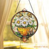 Daisy and Butterfly Stained Glass Suncatcher Yellow Teacup Window Hanging Panel Cheerful Floral Decor for Garden Porch