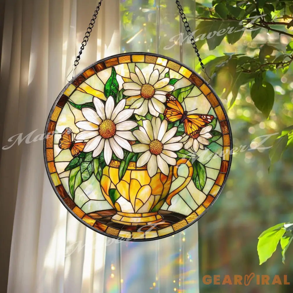 Daisy Butterfly Stained Glass Suncatcher Yellow Floral Teacup Window Panel Spring Garden Decor Gift for Nature and