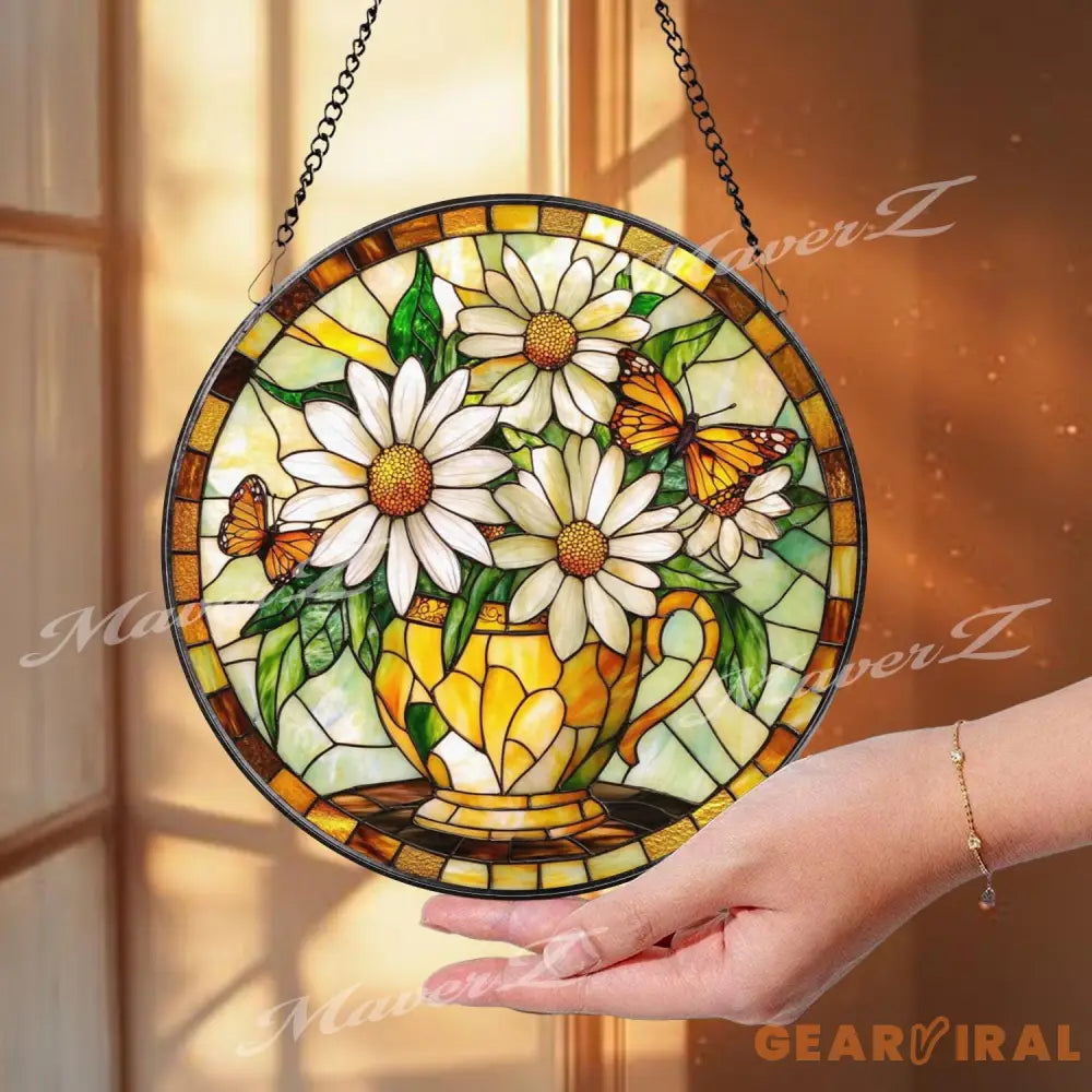 Daisy Butterfly Stained Glass Suncatcher Yellow Floral Teacup Window Panel Spring Garden Decor Gift for Nature and