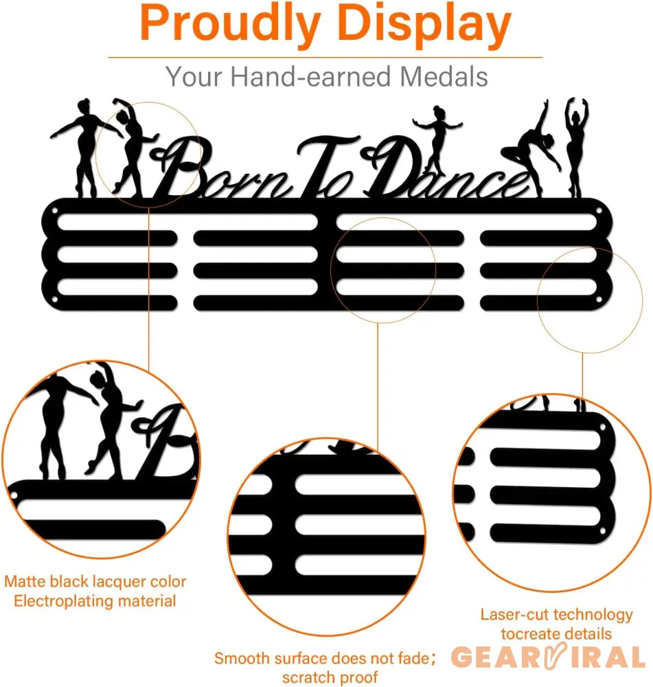 Dance Medal Holder Ballet Medals Display Black Iron Wall Mounted Born to Dance Medal Hooks for 60+ Medal Rack Display
