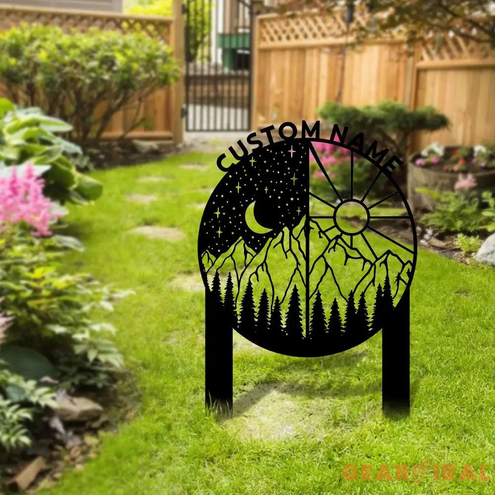 Day and Night Sign Metal Stake Personalized Name Yard Sign Outdoor Door Garden Decor Moon Sun Metal Sign Garden Lovers