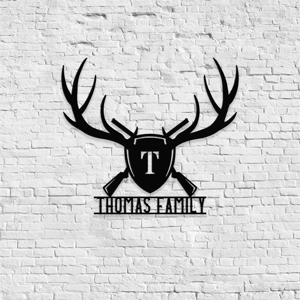 Deer Antlers & Rifles Sign, Personalized Family Name Led Sign, Outdoor Door Decor, Address Wall Art, Perfect Gift for Housewarming