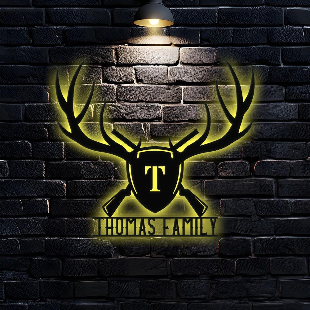 Deer Antlers & Rifles Sign, Personalized Family Name Led Sign, Outdoor Door Decor, Address Wall Art, Perfect Gift for Housewarming