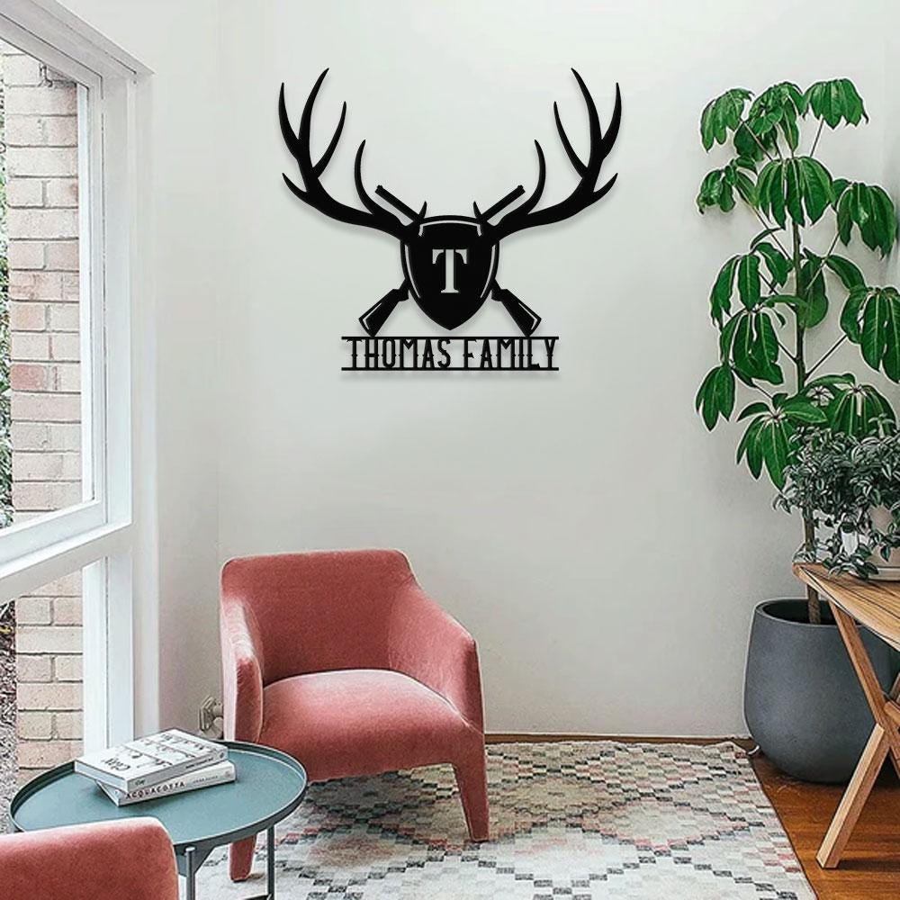 Deer Antlers & Rifles Sign, Personalized Family Name Led Sign, Outdoor Door Decor, Address Wall Art, Perfect Gift for Housewarming