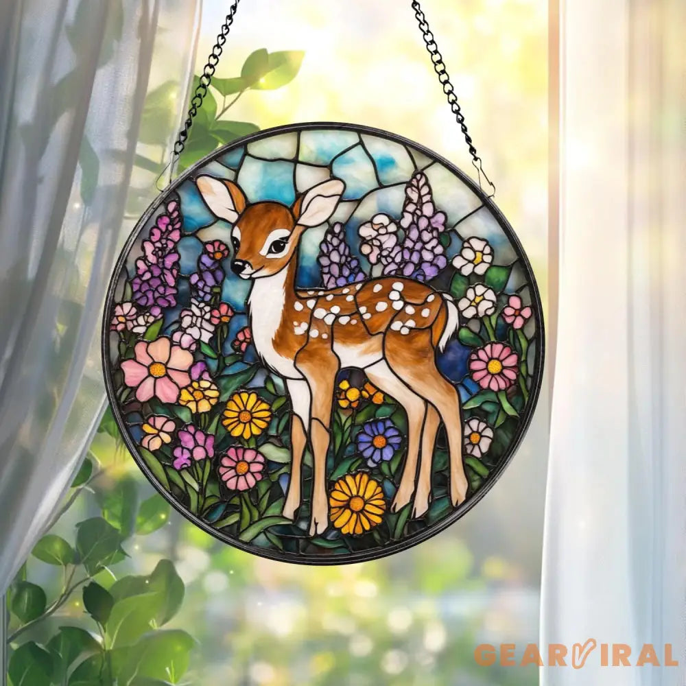Deer Fawn Suncatcher Floral Stained Glass Window Art Baby Deer Decor Woodland Animal Gift Nature Lover Hanging Ornament