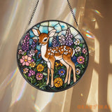 Deer Fawn Suncatcher Floral Stained Glass Window Art Baby Deer Decor Woodland Animal Gift Nature Lover Hanging Ornament