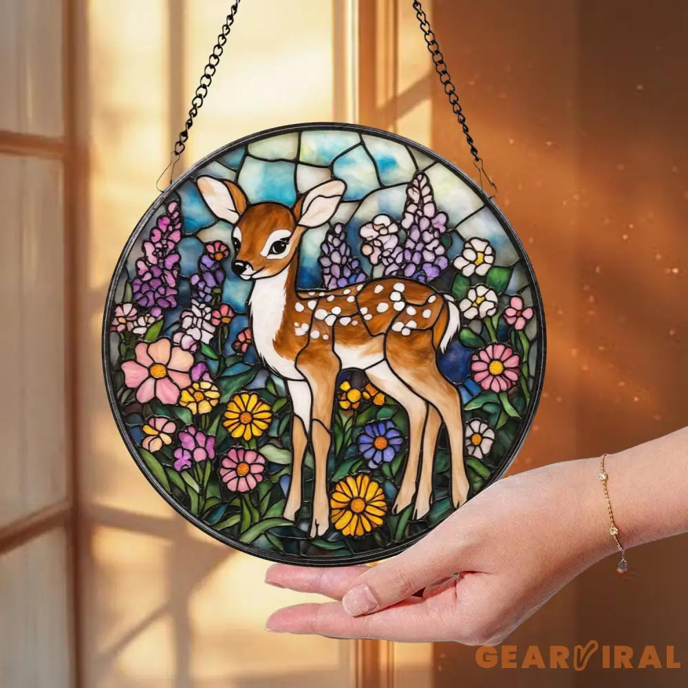 Deer Fawn Suncatcher Floral Stained Glass Window Art Baby Deer Decor Woodland Animal Gift Nature Lover Hanging Ornament