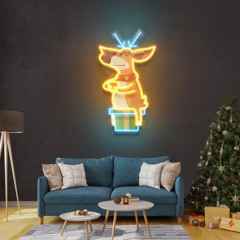 Deer On Gift Christmas LED Neon Acrylic Artwork