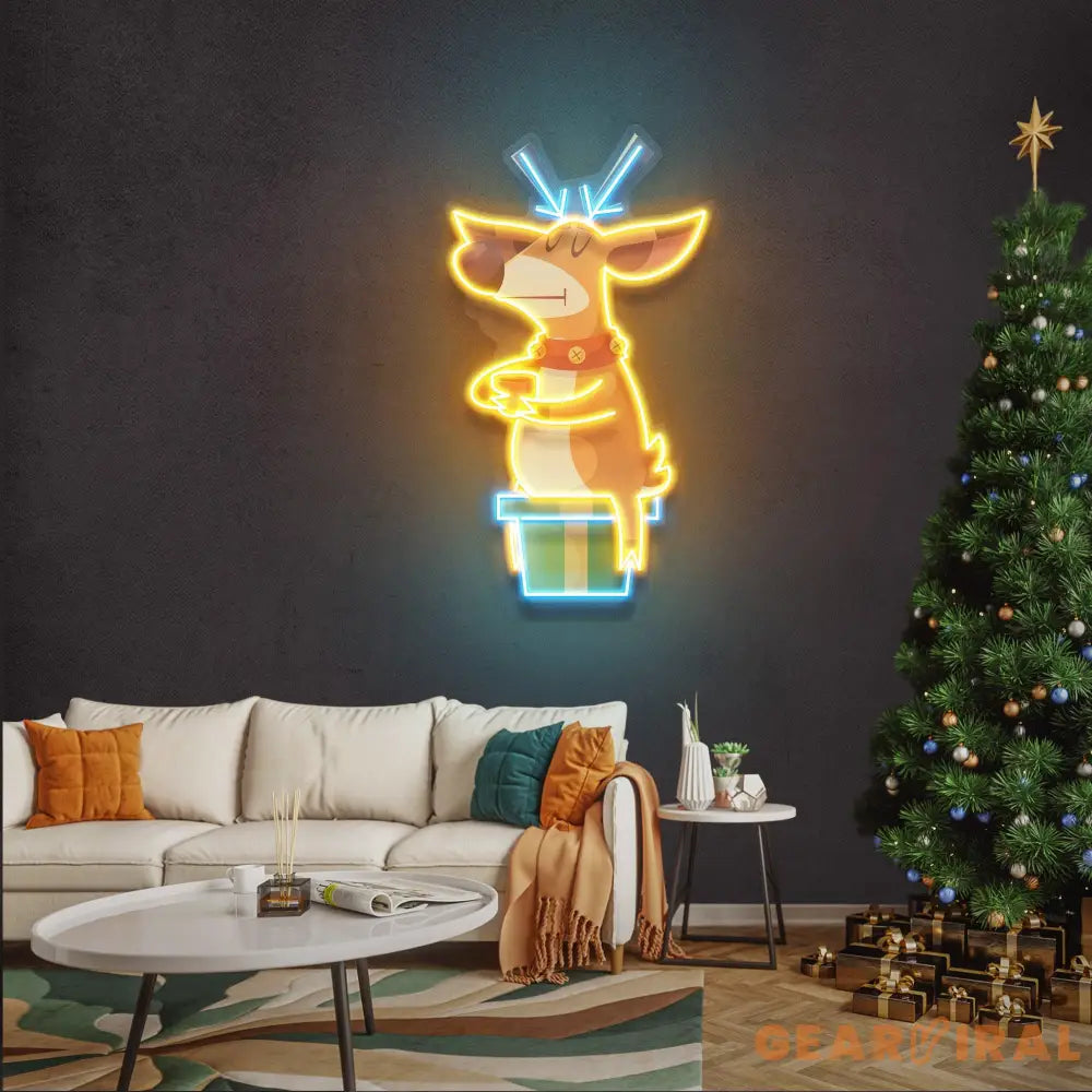 Deer On Gift Christmas LED Neon Acrylic Artwork