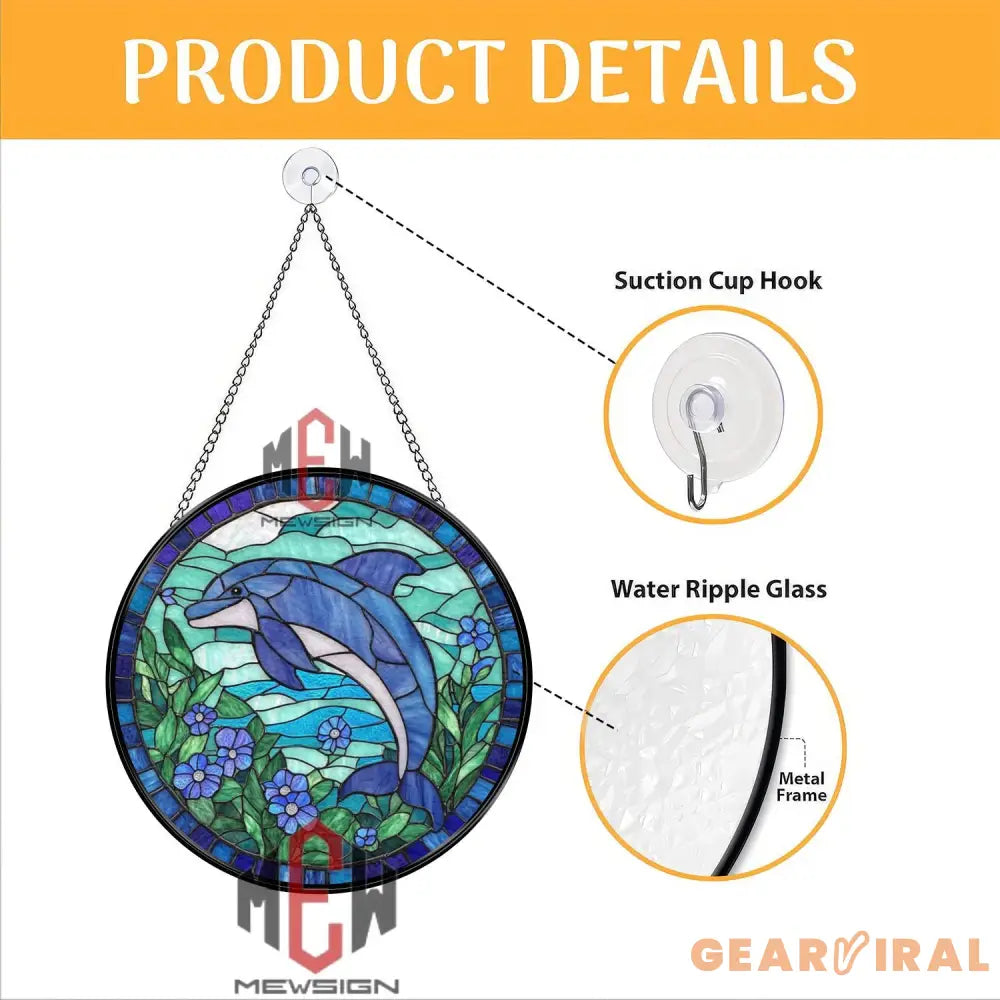 Dolphin Stained Glass Suncatcher Ocean Window Hanging with Blue Flowers Round Marine Life Panel Coastal Decor Gift for