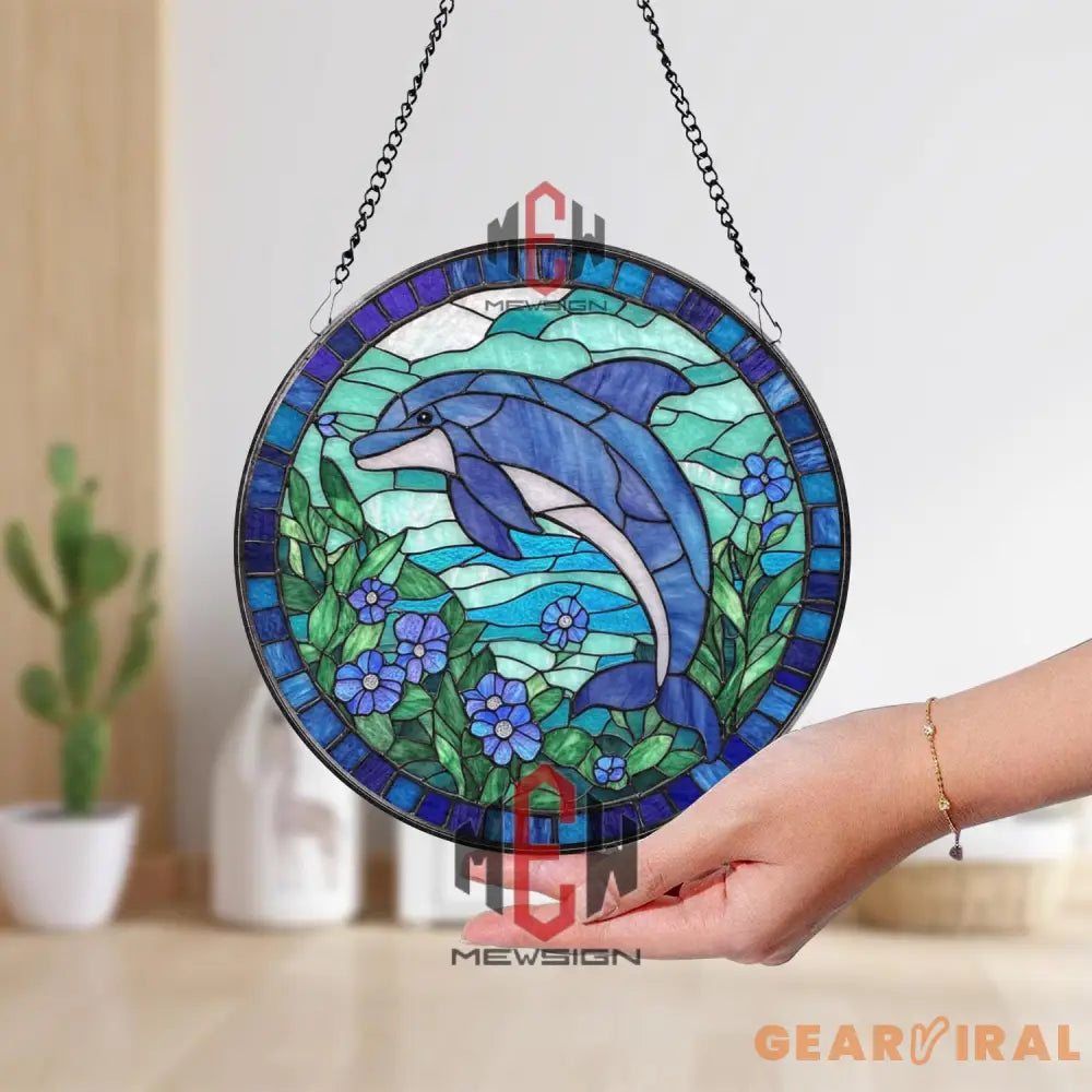 Dolphin Stained Glass Suncatcher Ocean Window Hanging with Blue Flowers Round Marine Life Panel Coastal Decor Gift for