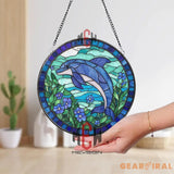 Dolphin Stained Glass Suncatcher Ocean Window Hanging with Blue Flowers Round Marine Life Panel Coastal Decor Gift for