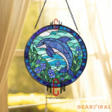 Dolphin Stained Glass Suncatcher Ocean Window Hanging with Blue Flowers Round Marine Life Panel Coastal Decor Gift for
