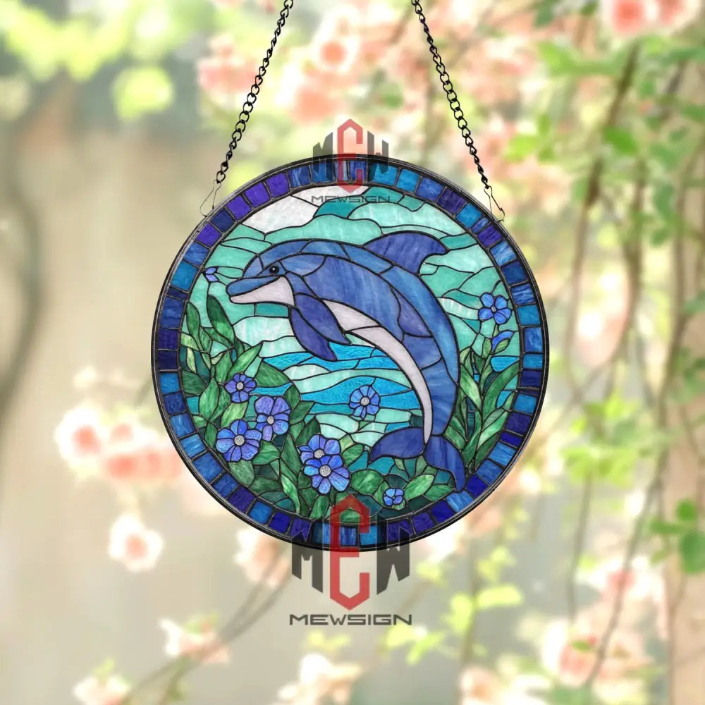Dolphin Stained Glass Suncatcher Ocean Window Hanging with Blue Flowers Round Marine Life Panel Coastal Decor Gift for