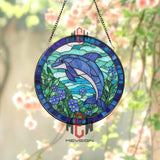 Dolphin Stained Glass Suncatcher Ocean Window Hanging with Blue Flowers Round Marine Life Panel Coastal Decor Gift for
