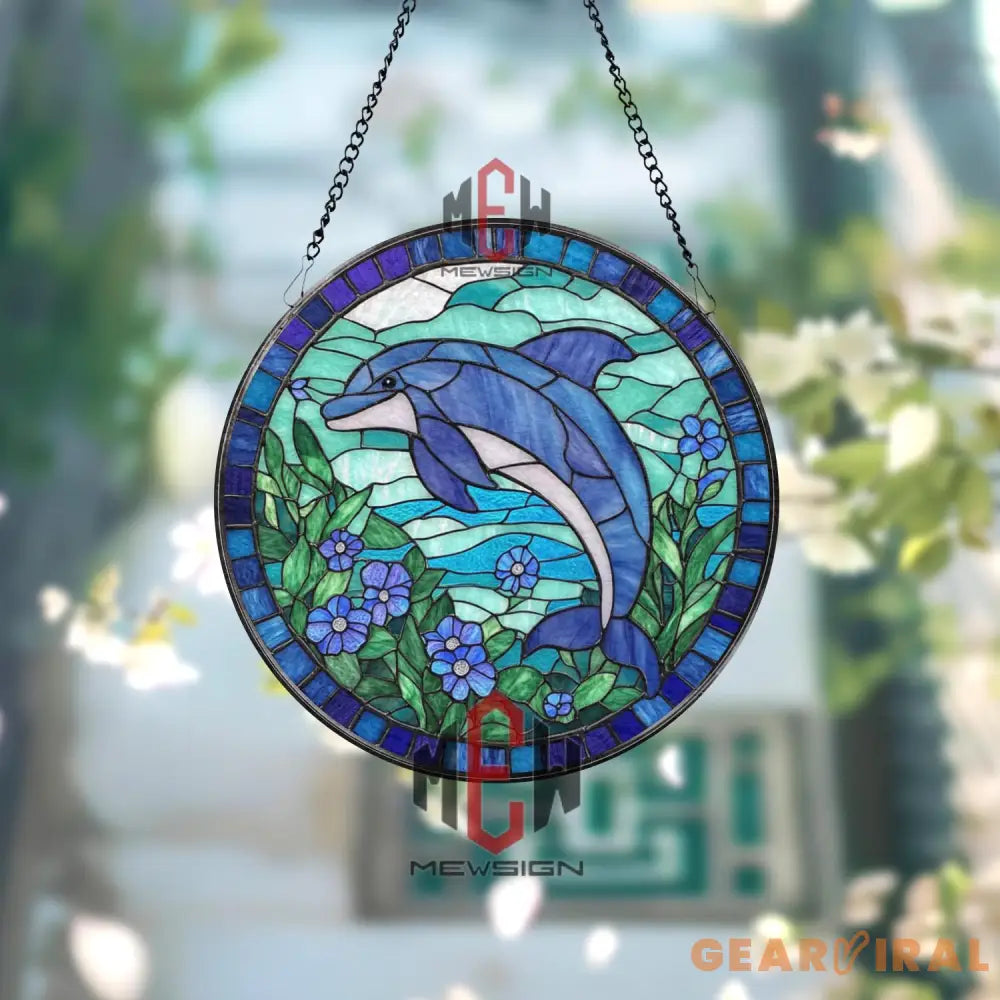 Dolphin Stained Glass Suncatcher Ocean Window Hanging with Blue Flowers Round Marine Life Panel Coastal Decor Gift for