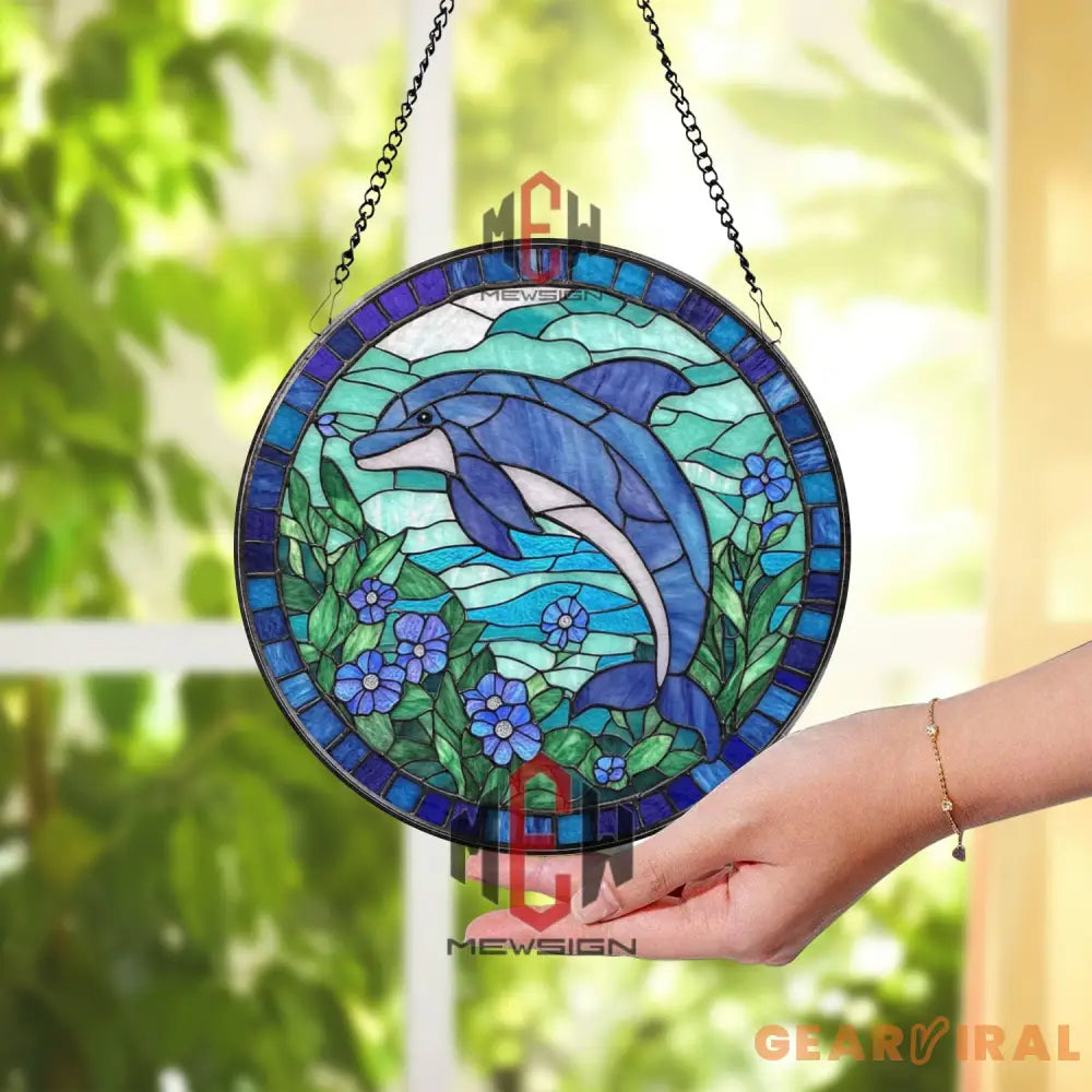 Dolphin Stained Glass Suncatcher Ocean Window Hanging with Blue Flowers Round Marine Life Panel Coastal Decor Gift for