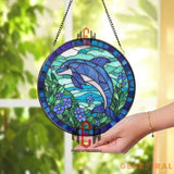 Dolphin Stained Glass Suncatcher Ocean Window Hanging with Blue Flowers Round Marine Life Panel Coastal Decor Gift for
