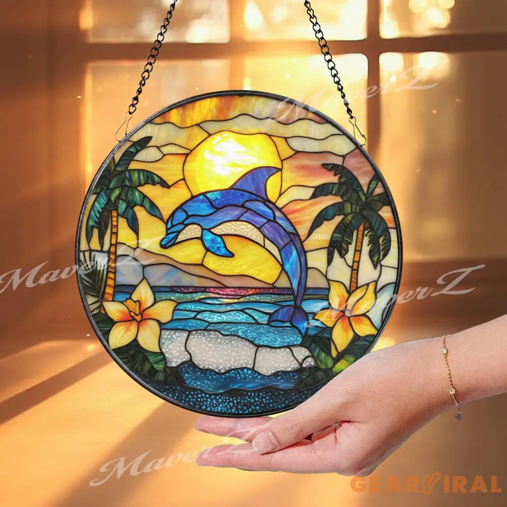 Dolphin Stained Glass Suncatcher Tropical Sunset Ocean Panel Beach Decor Window Hanging Coastal Sea Art Summer Home