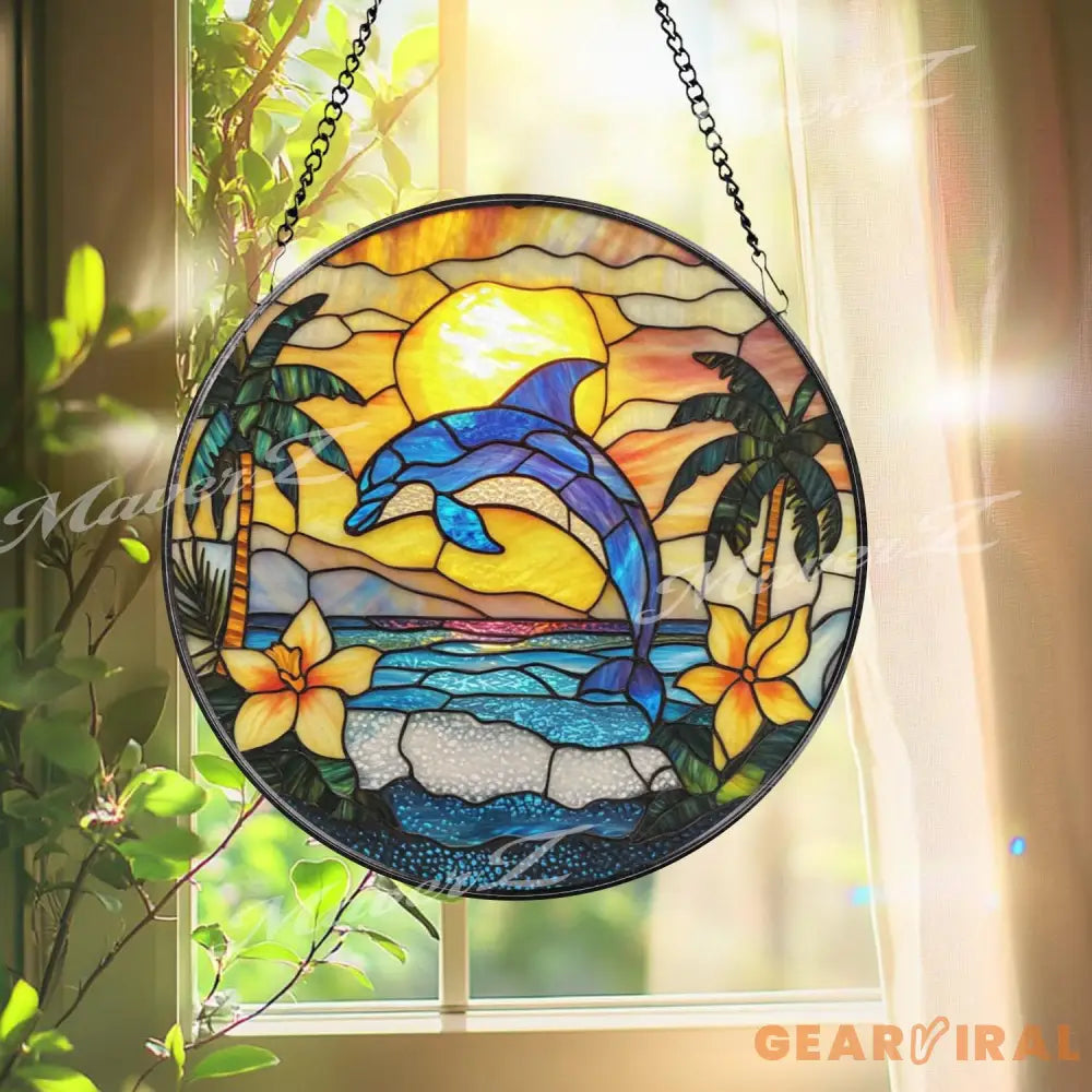Dolphin Stained Glass Suncatcher Tropical Sunset Ocean Panel Beach Decor Window Hanging Coastal Sea Art Summer Home