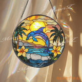 Dolphin Stained Glass Suncatcher Tropical Sunset Ocean Panel Beach Decor Window Hanging Coastal Sea Art Summer Home