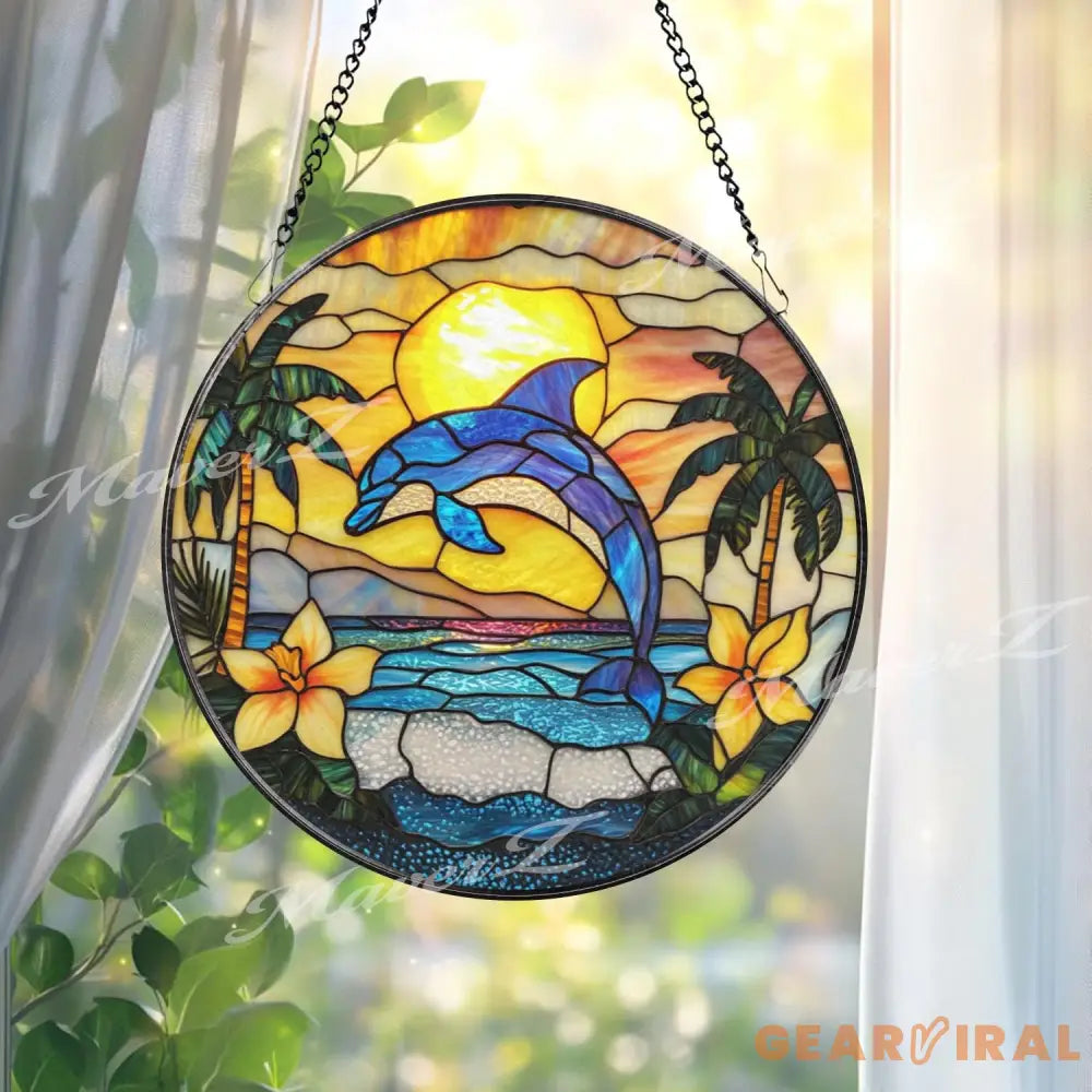 Dolphin Stained Glass Suncatcher Tropical Sunset Ocean Panel Beach Decor Window Hanging Coastal Sea Art Summer Home