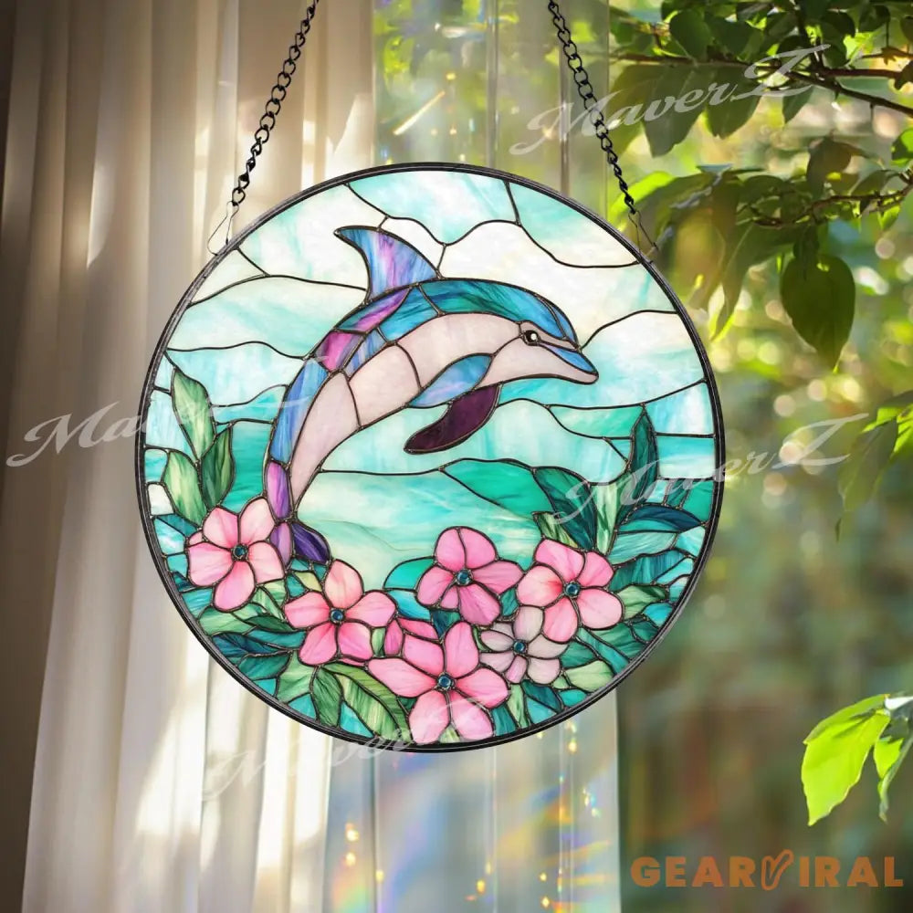 Dolphin Stained Glass Suncatcher with Pink Flowers Ocean Themed Window Hanging Coastal Marine Decor Gift for Beach Lover